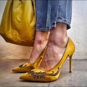 Zara Peacock Bird Satin Embellished Court Pumps